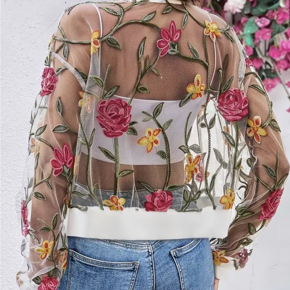 Embroidered Floral Sheer Bomber Jacket - Picture 4 of 12